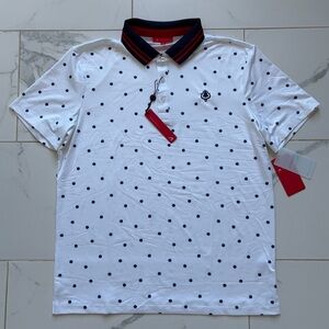 NWT Redvanly Ward Polo Short Sleeve Golf Shirt Size L White Blue Polka Dot